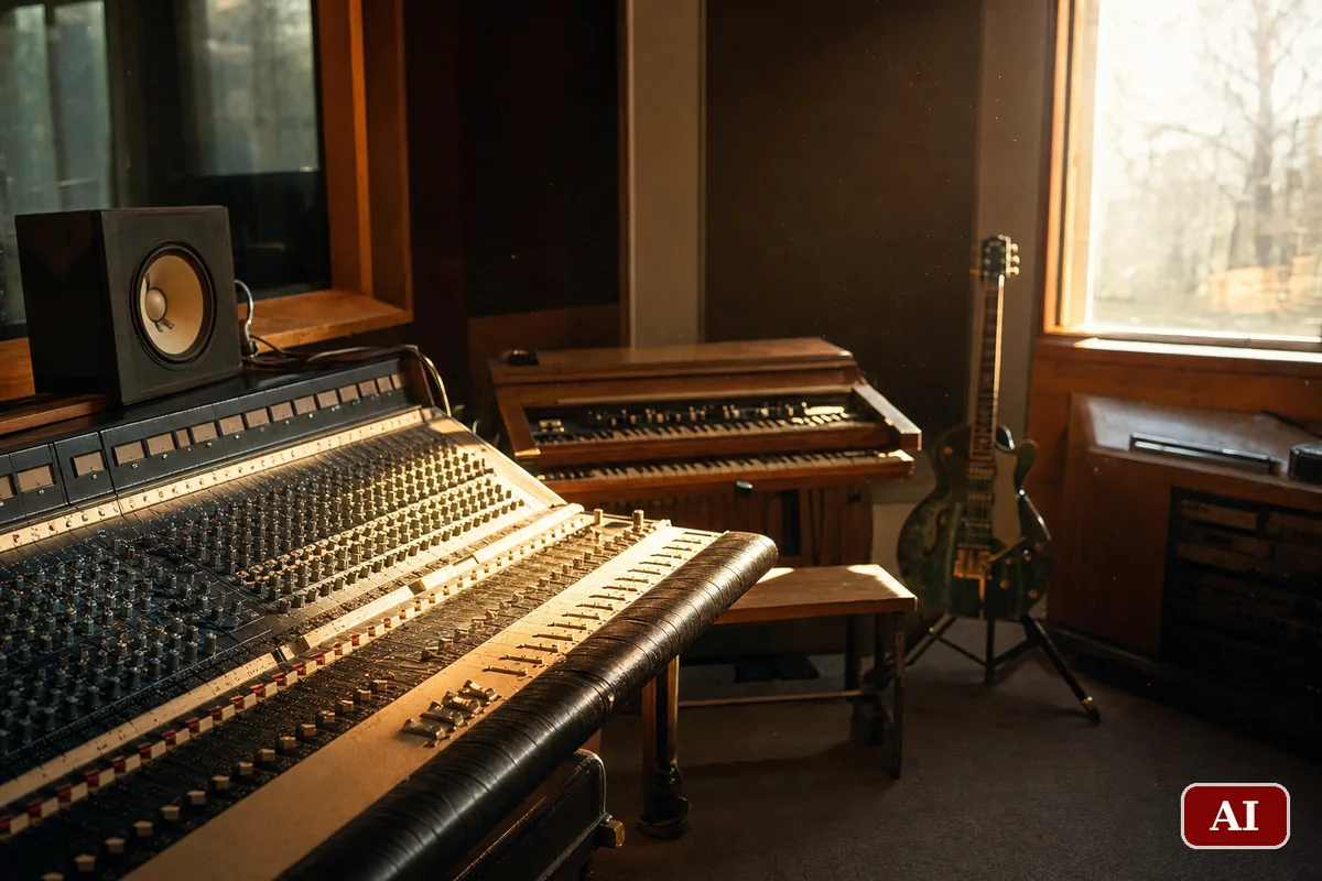 Sala di regia di uno studio di registrazione con banco mixer analogico, organo Hammond e chitarra elettrica