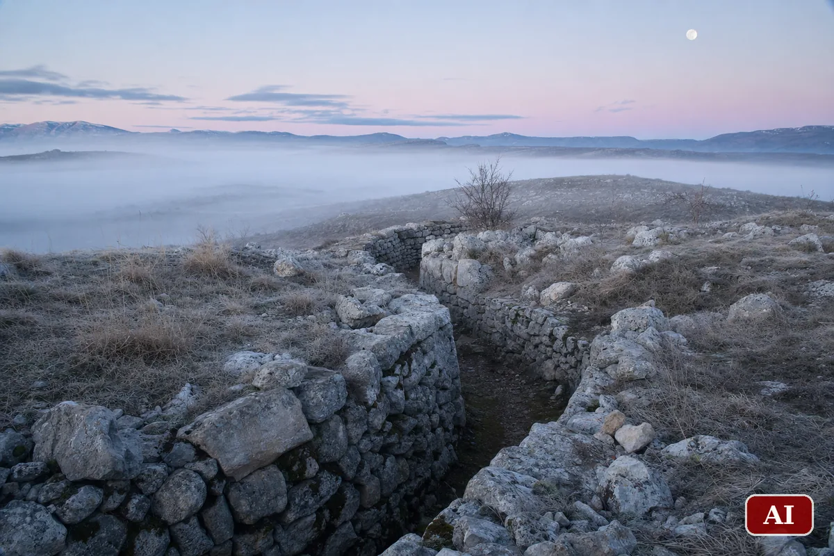 Resti di una trincea della Grande Guerra su altopiano carsico nella luce fredda dell'alba
