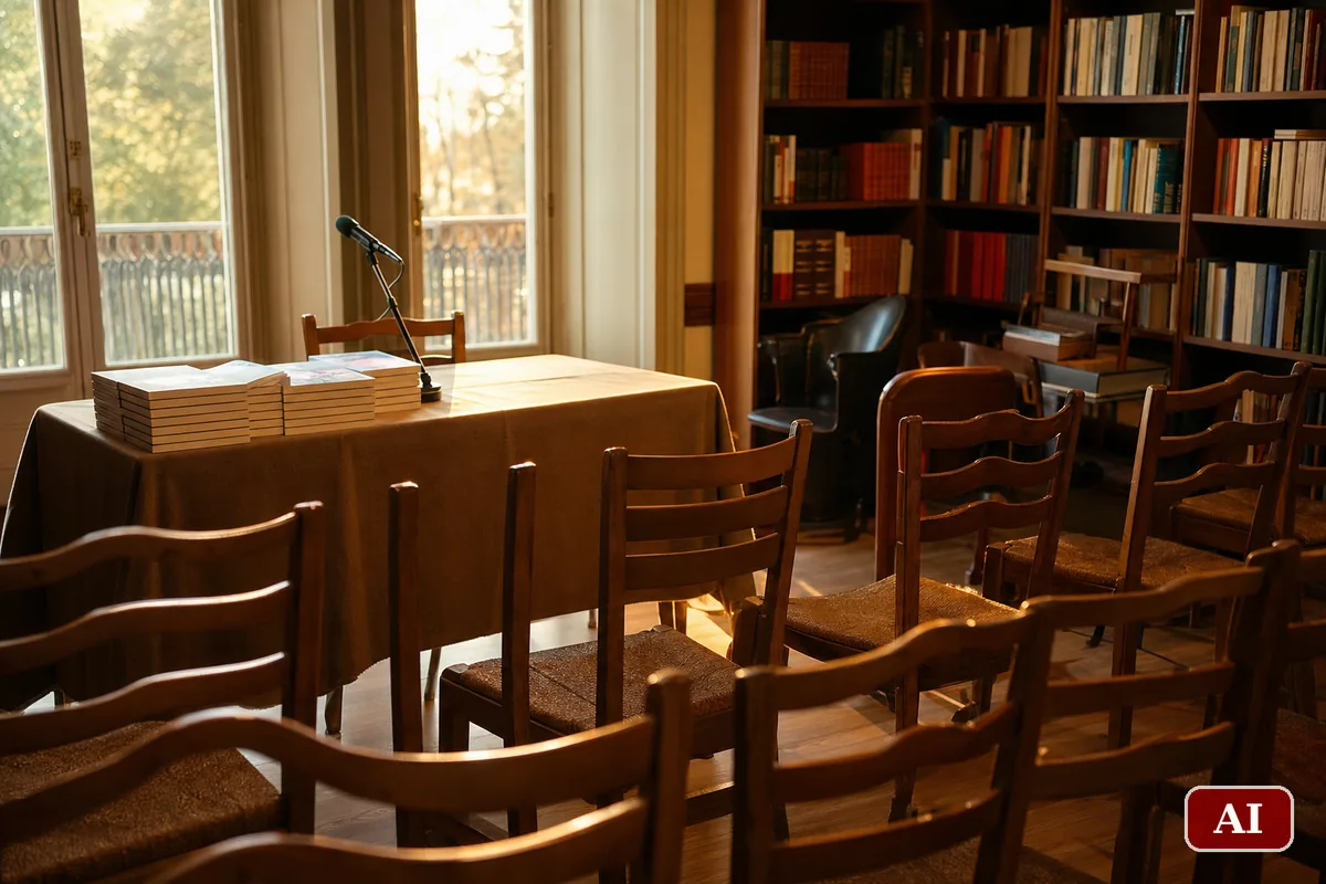 Sala di un centro culturale preparata per una presentazione di libro con sedie e microfono