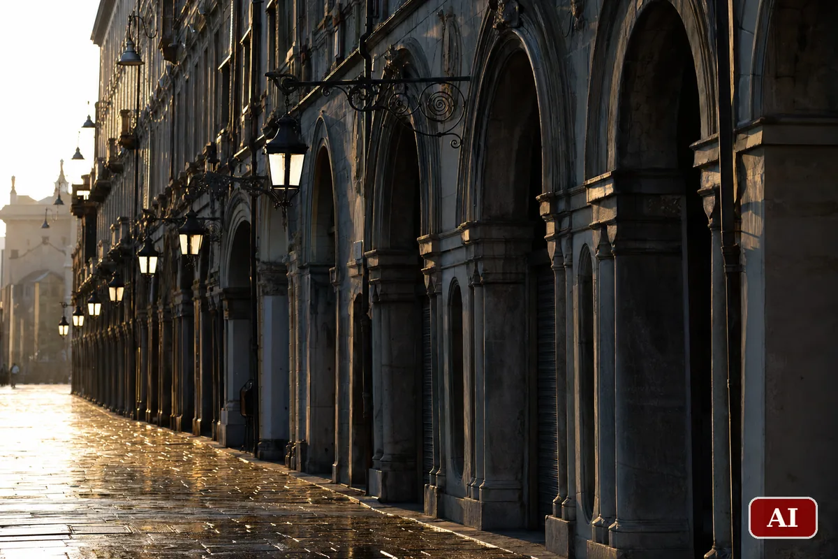 Portici ottocenteschi di Torino al tramonto, con lampioni in ferro e selciato bagnato