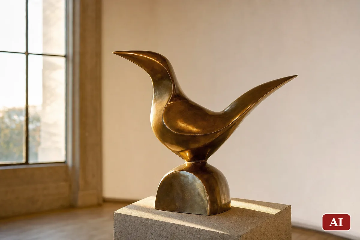 Scultura astratta in bronzo lucido a forma di uccello su un basamento di pietra in una sala vuota