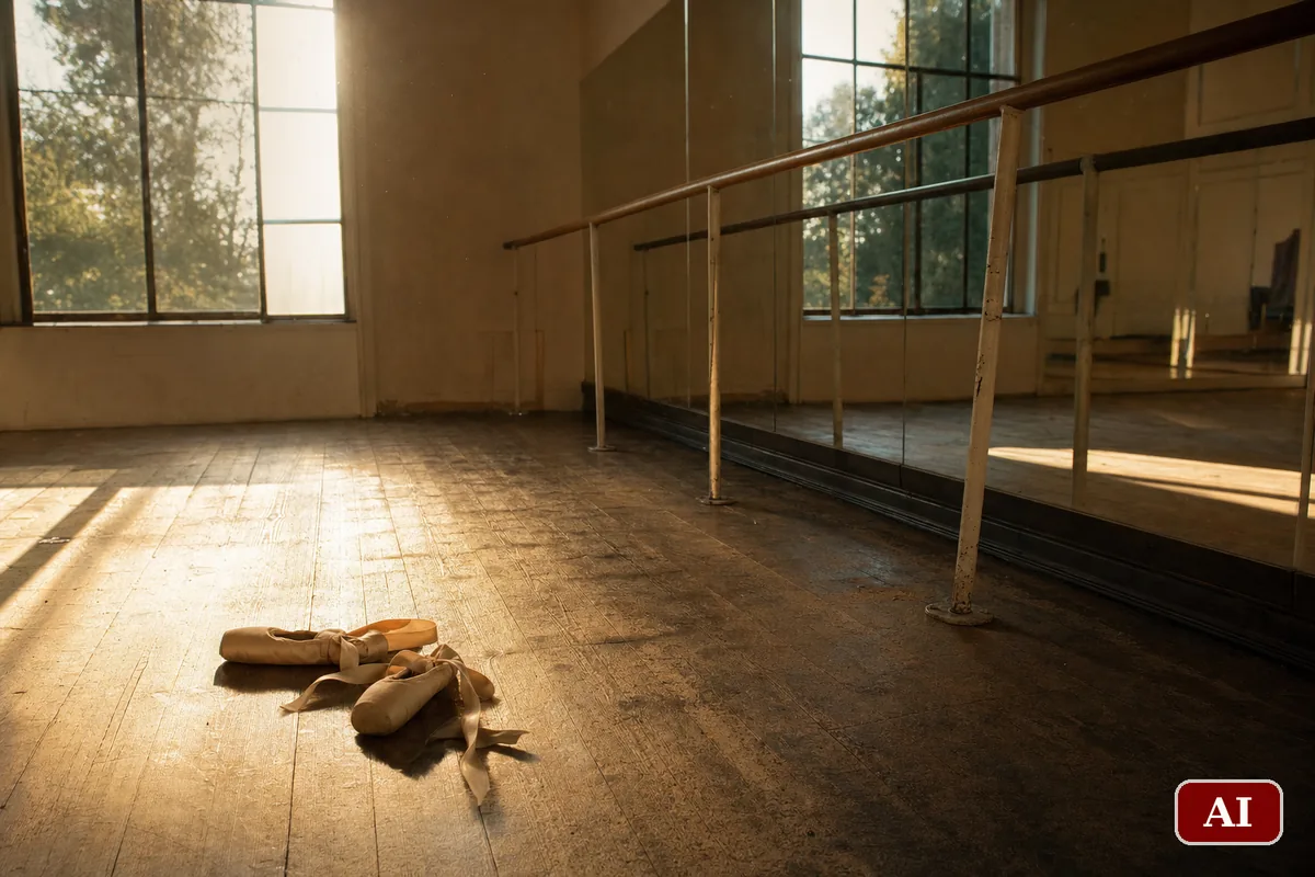 Sala di danza vuota con sbarra, parquet consumato e scarpette da punta nella luce calda del tramonto