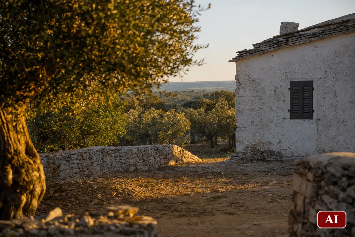 Masseria in pietra sul Gargano con muretti a secco e ulivi nella luce calda del tramonto