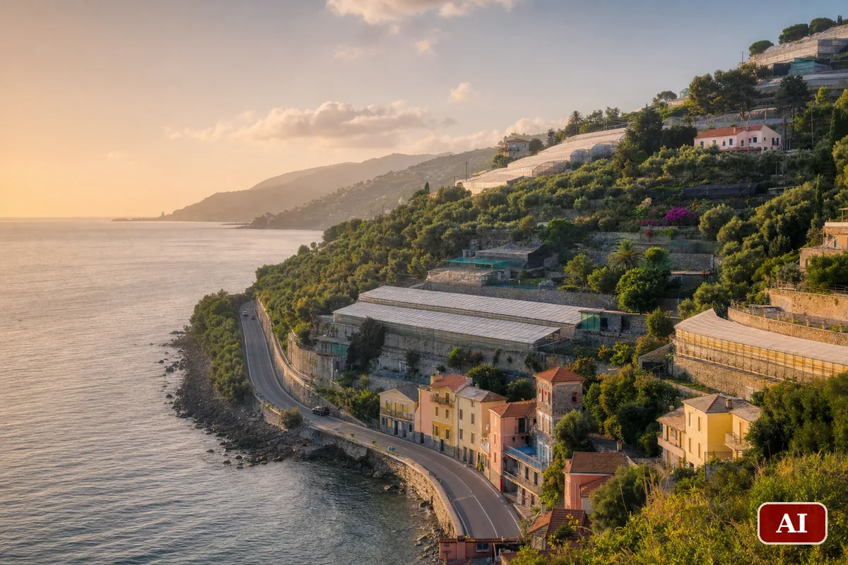 La costa ligure di ponente al tramonto, con terrazzamenti, serre e case affacciate sul mare