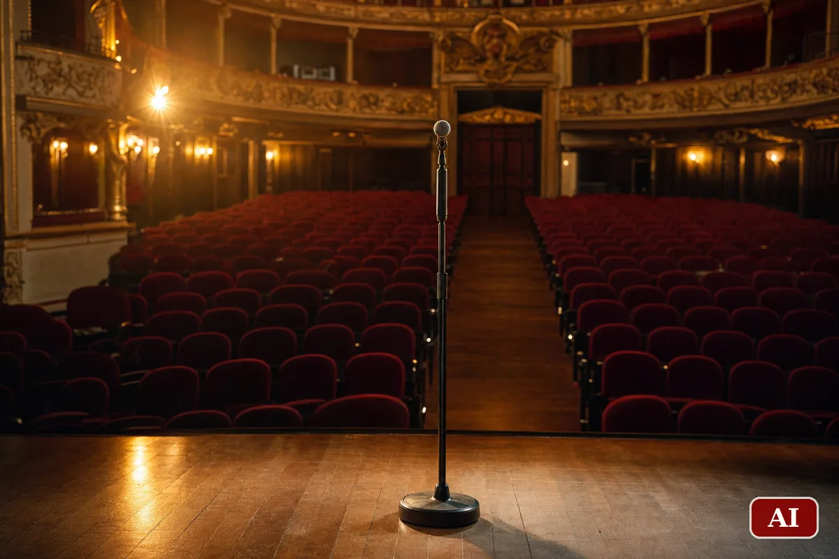 Palcoscenico vuoto di un teatro all'italiana con poltrone rosse e un'asta per microfono al centro
