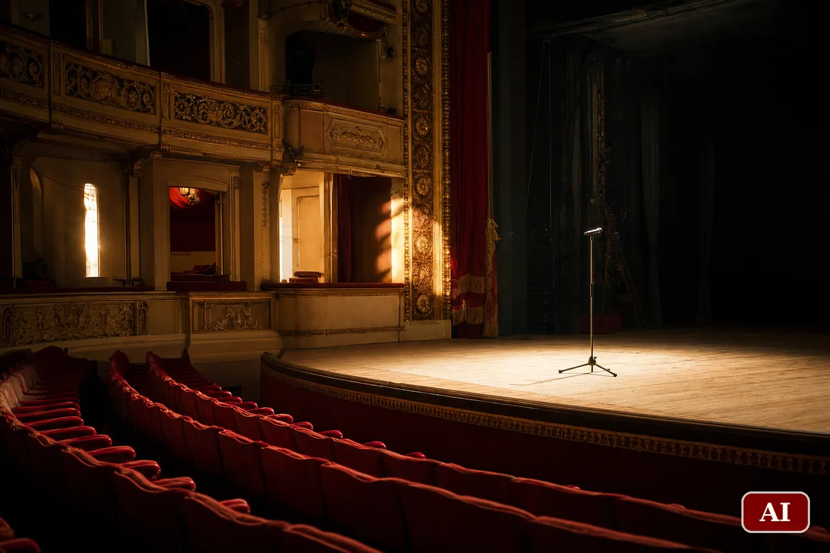 Palcoscenico di un teatro storico italiano con poltrone rosse e un'asta per microfono al centro