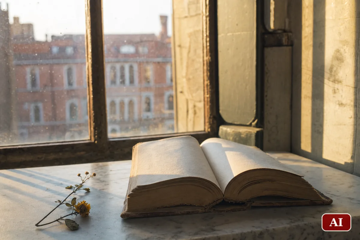 Volume antico di poesie aperto sul davanzale di una finestra nella luce del tramonto