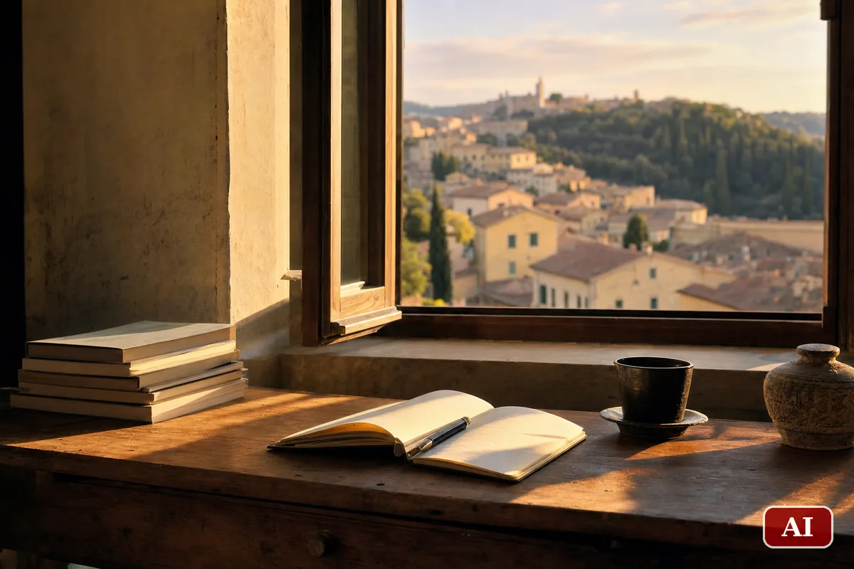 Scrivania con libri di poesia e quaderno accanto a una finestra aperta nella luce del tardo pomeriggio
