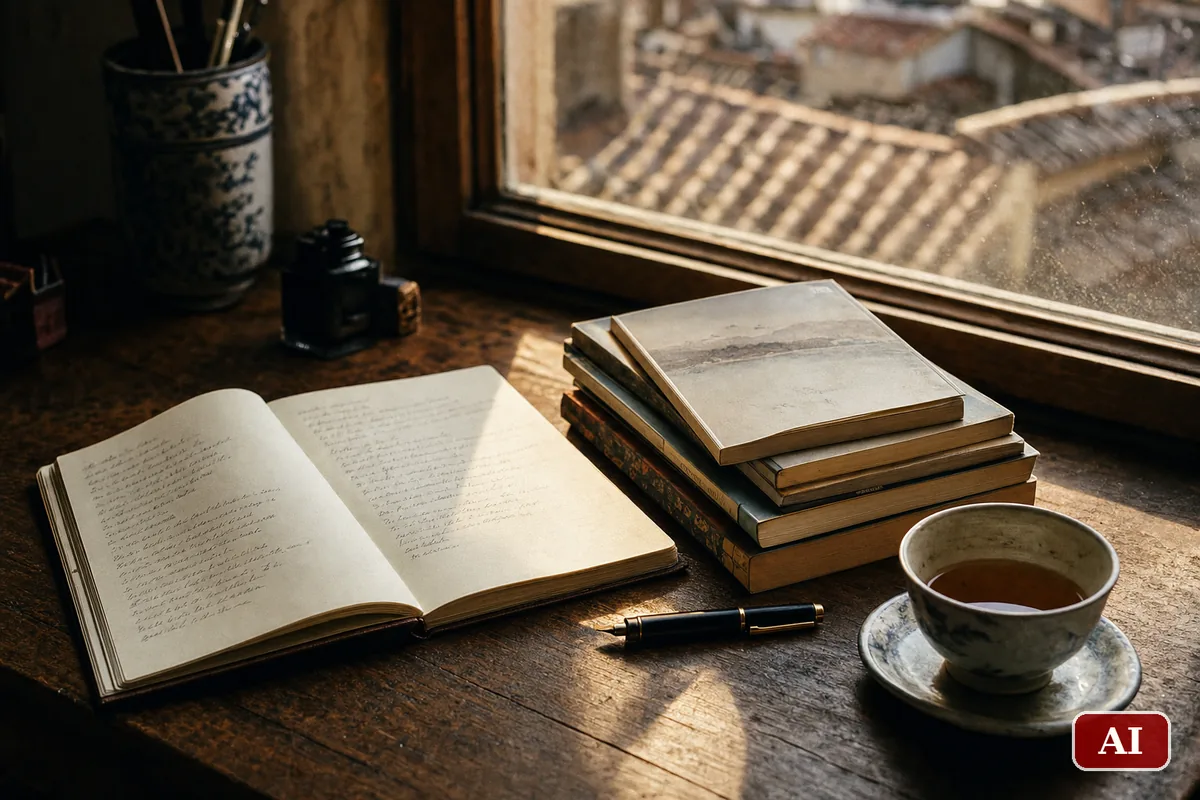 Quaderno di poesie aperto e libri impilati su una scrivania di legno nella luce del tramonto