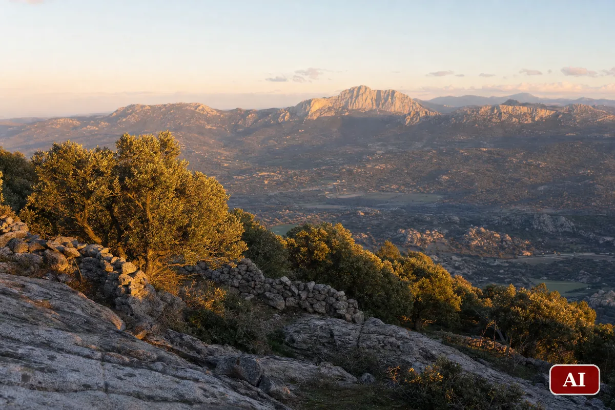 Le pendici del monte Ortobene sopra Nuoro con lecci e muretti in pietra nella luce del tramonto