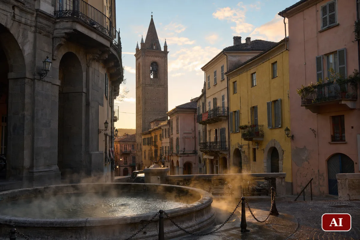 Vicolo del centro storico di Acqui Terme al tramonto con facciate color ocra e campanile sullo sfondo