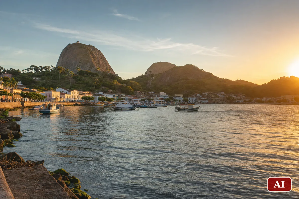 La baia di Vitória, nello stato brasiliano dell'Espírito Santo, alla luce dorata del tramonto