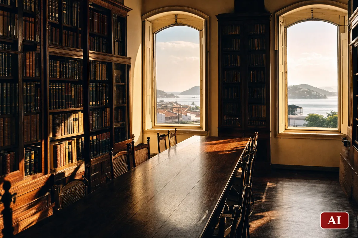 Sala di lettura di una biblioteca storica con scaffali in legno e luce calda dalle finestre ad arco