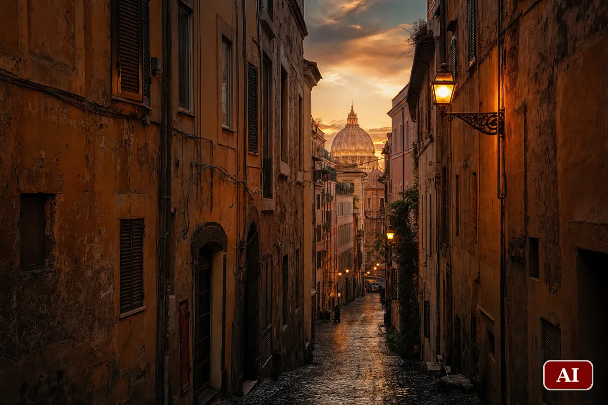 Vicolo del centro di Roma al crepuscolo con lampioni accesi e pietre bagnate