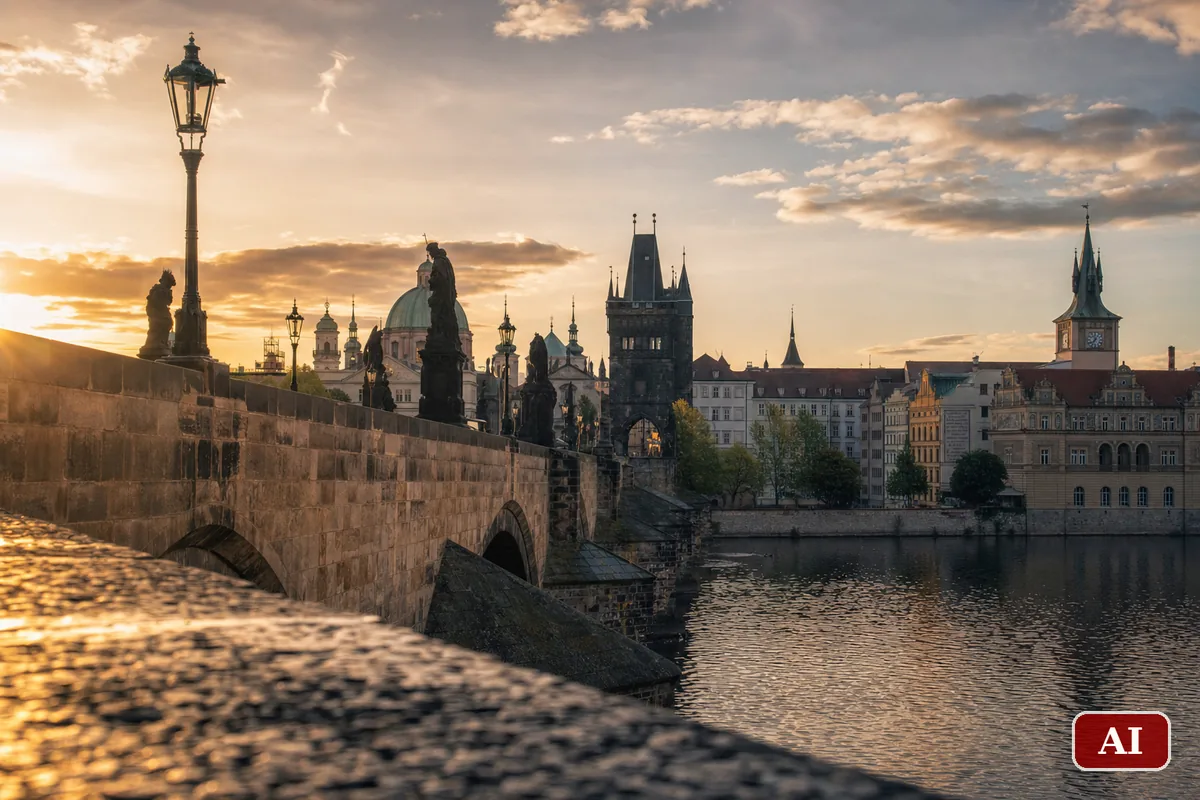 Il Ponte Carlo di Praga sulla Moldava alla luce dorata del tramonto, con la torre della Città Vecchia sullo sfondo