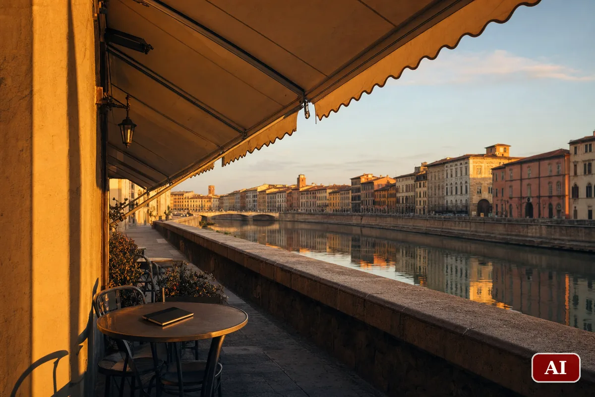 Lungarno di Pisa al tramonto con facciate color ocra riflesse nell'Arno e un tavolino all'aperto