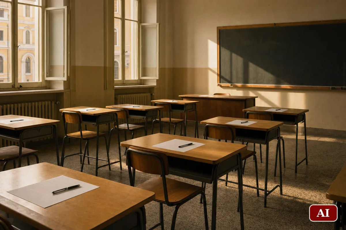 Aula scolastica vuota con banchi distanziati e fogli bianchi pronti per una prova scritta