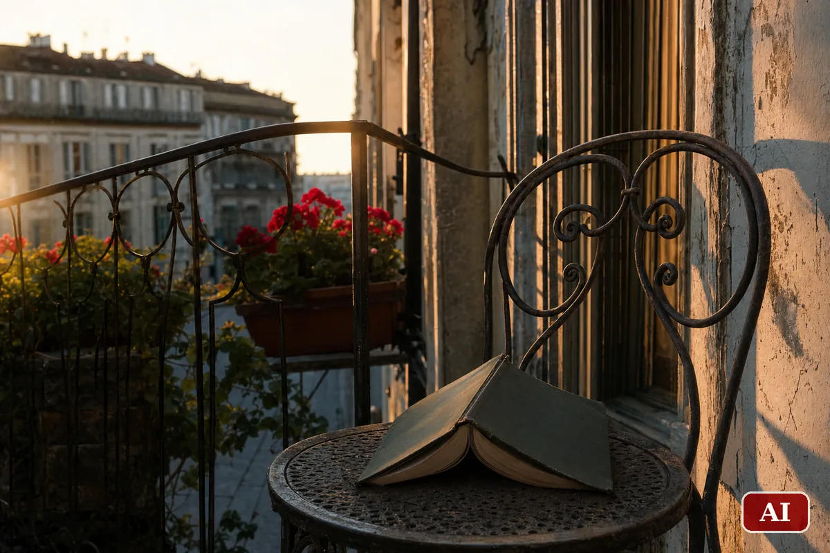 Libro di poesie aperto su una sedia di ferro in un balcone milanese alla luce del tramonto