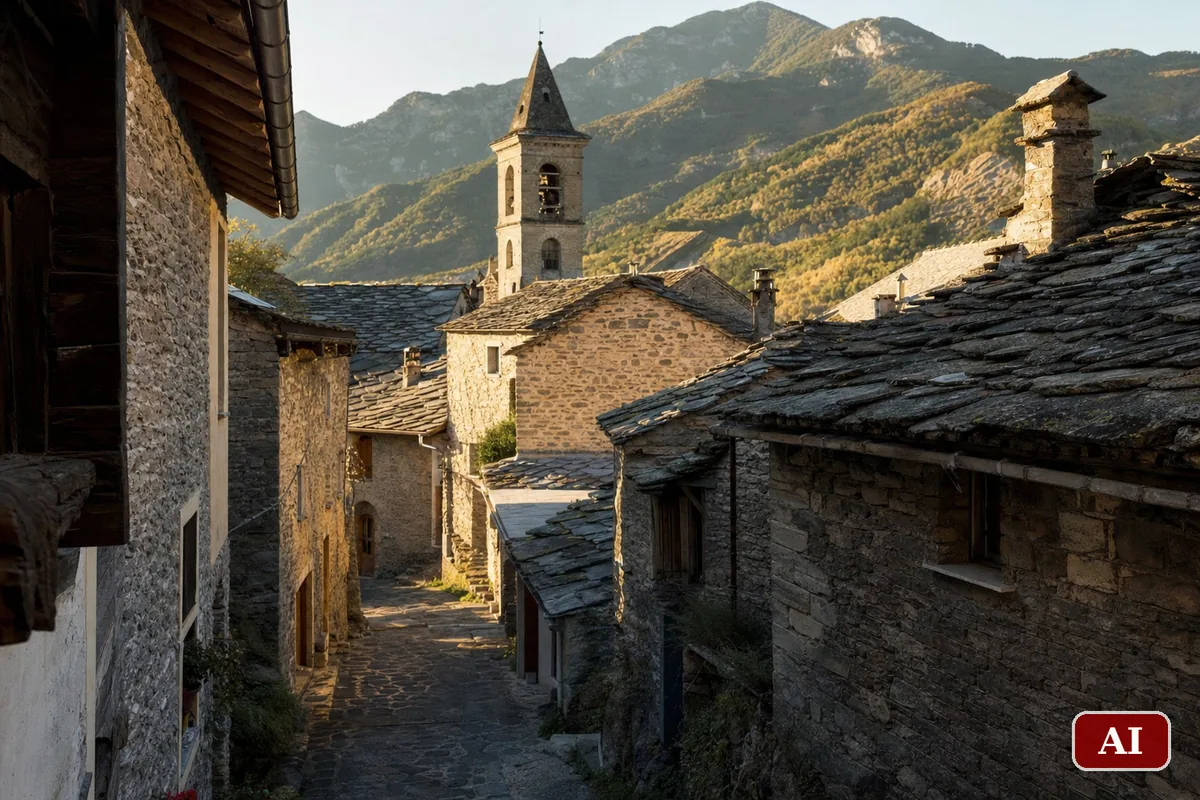 Vicoli in pietra e campanile di un borgo appenninico dell'alta Val Borbera al tramonto