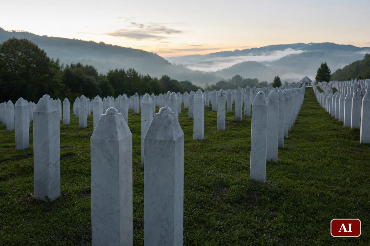 File di stele bianche in un cimitero memoriale bosniaco fra le colline nella luce dell'alba