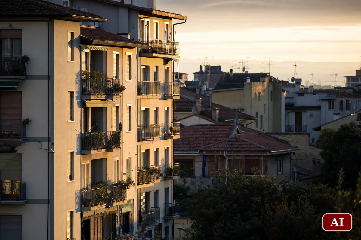Palazzine residenziali di una citta' italiana viste dall'alto nella luce calda del tramonto