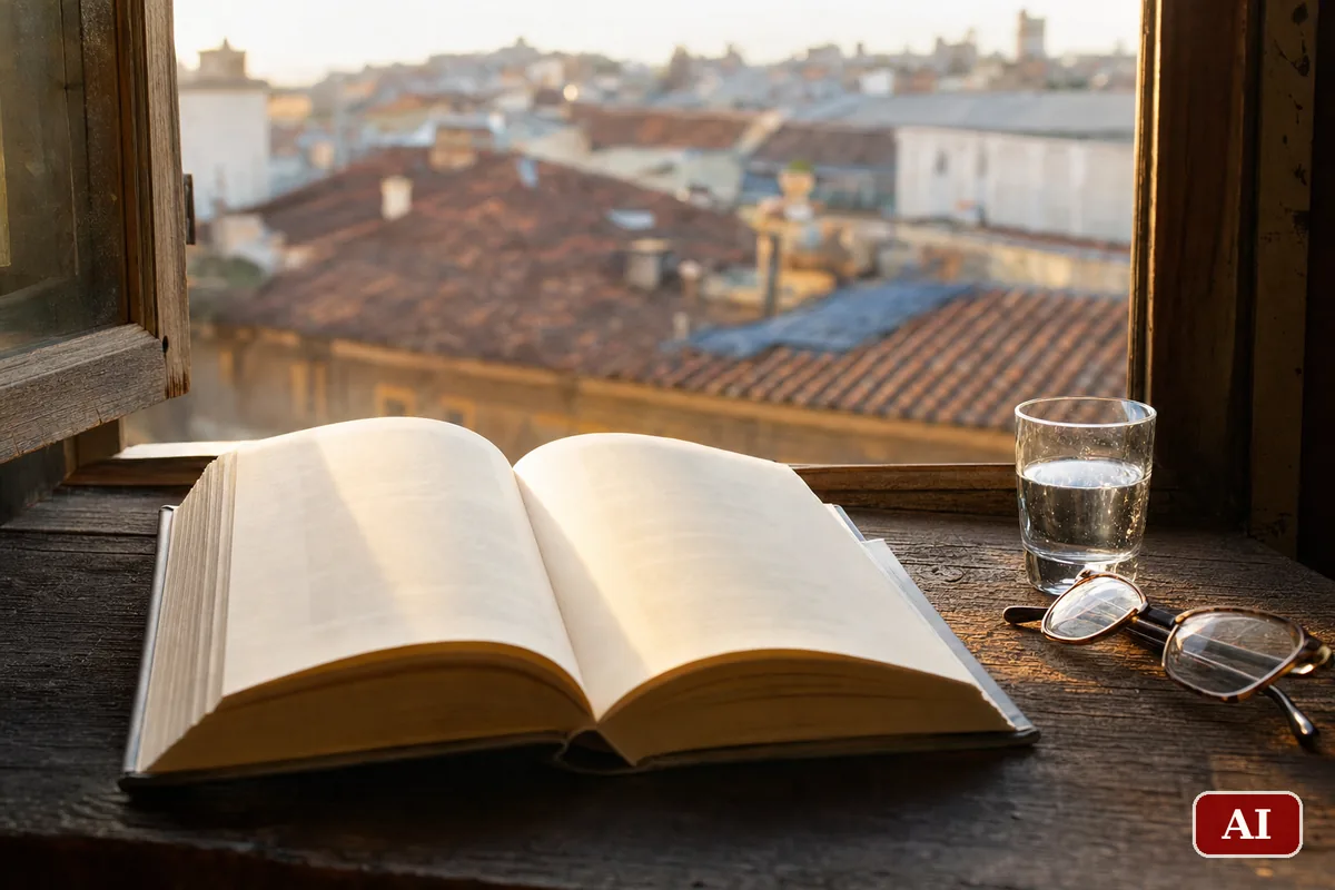 Libro aperto su un davanzale di legno alla luce calda del tramonto con tetti sullo sfondo