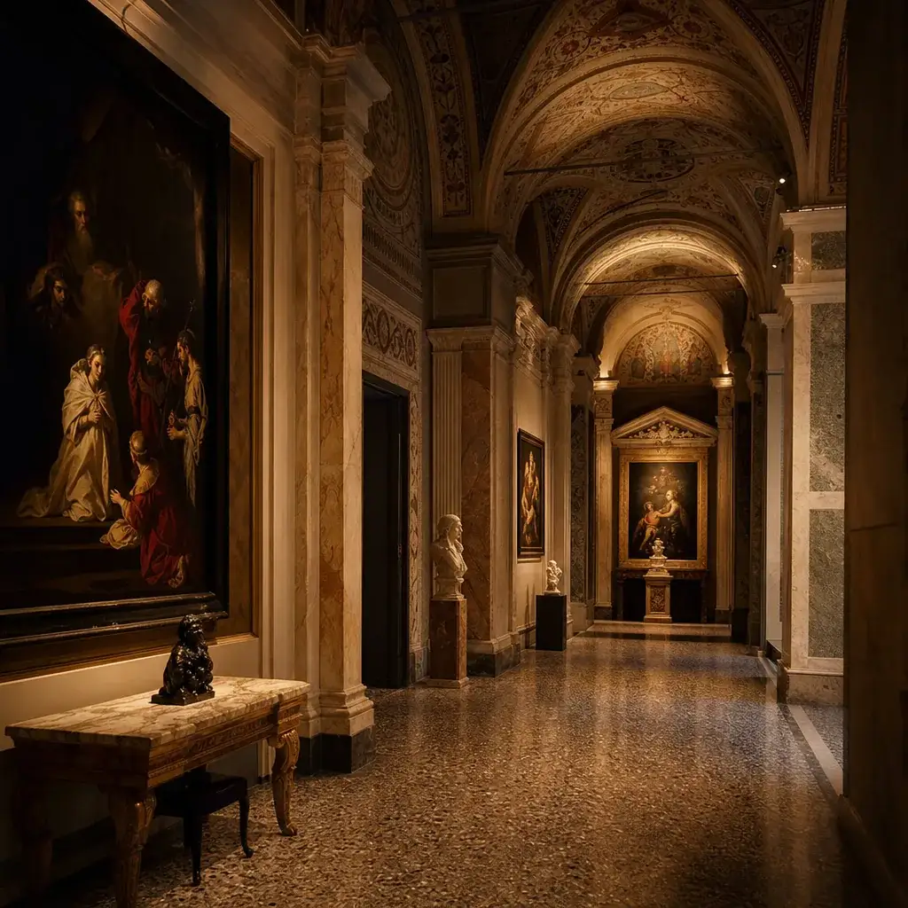 Interno di un museo illuminato di sera
