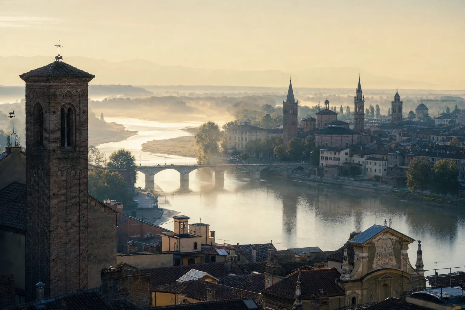 Veduta mattutina di Alessandria e della confluenza del Tanaro