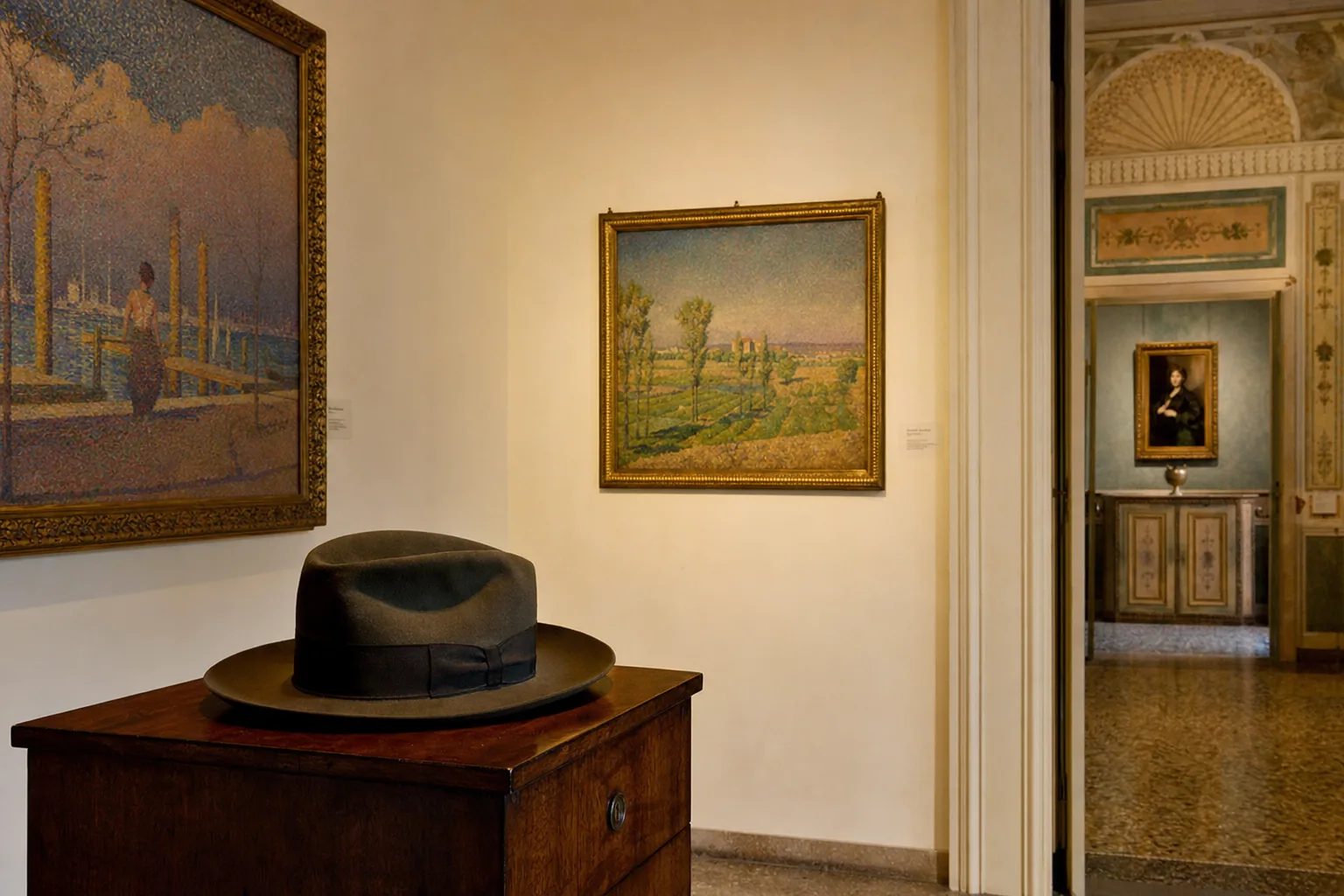Sala di un museo civico piemontese con dipinti divisionisti e un cappello Borsalino