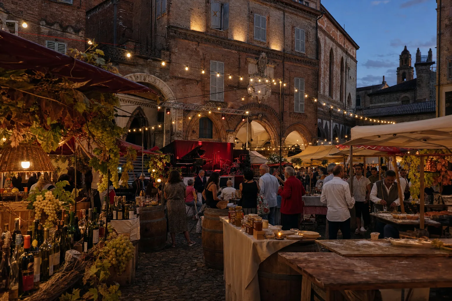 Festa serale in una piazza storica piemontese con luci e bancarelle