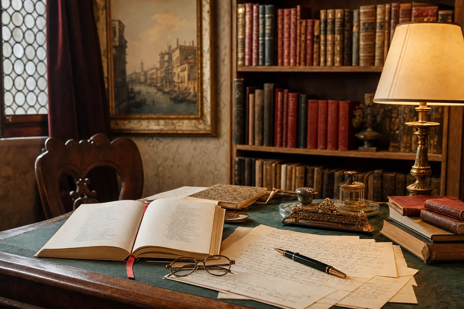 Scrittoio con libri di poesia aperti, manoscritti e penna stilografica