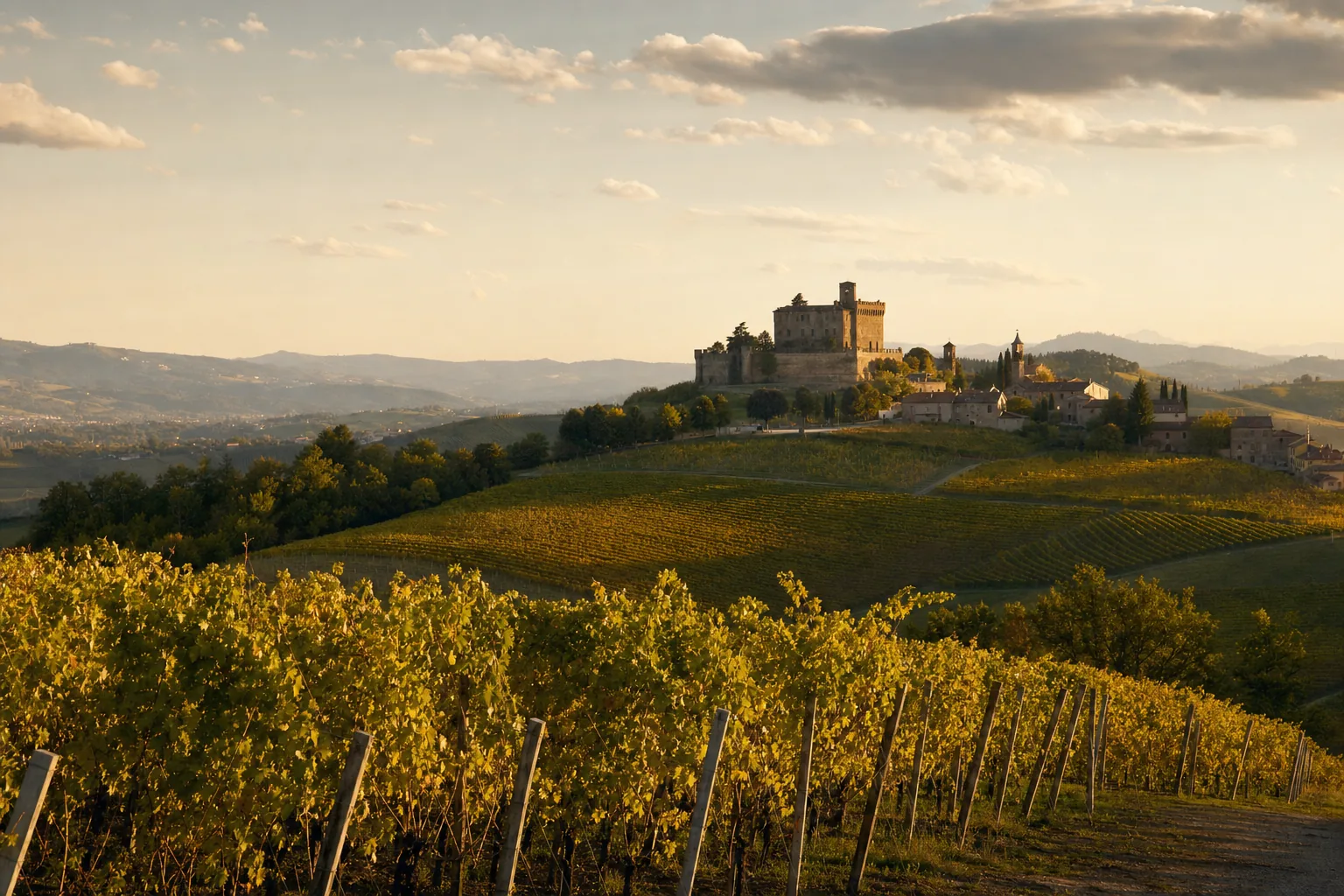 Colline vitate del Monferrato al tramonto con borgo e castello