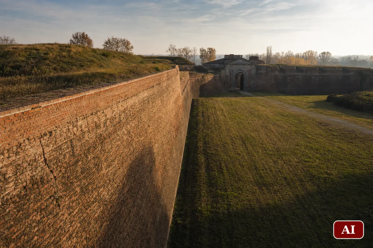 I bastioni in mattoni e i terrapieni erbosi della Cittadella di Alessandria al tramonto