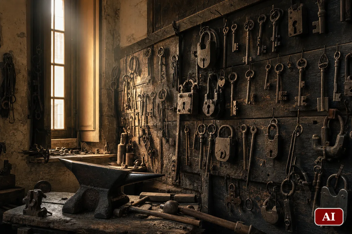 Chiavi e serrature in ferro battuto esposte su una parete di legno accanto a un'incudine