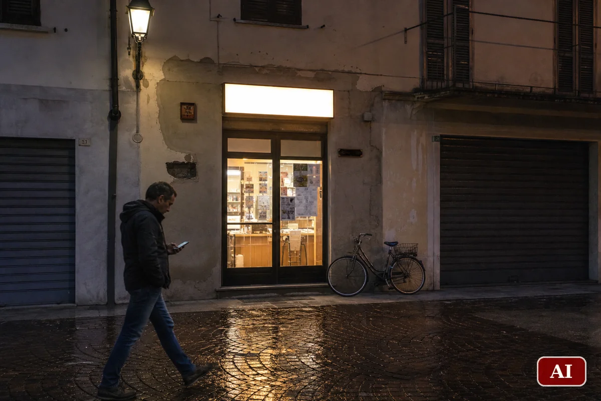 Un uomo al telefono passa davanti a una tabaccheria con ricevitoria illuminata, al crepuscolo, in una via di un paese della provincia di Alessandria